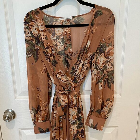 PINK + SOPHIE PINK/MAUVE FLORAL MAXI WRAP DRESS - Picture 1 of 9